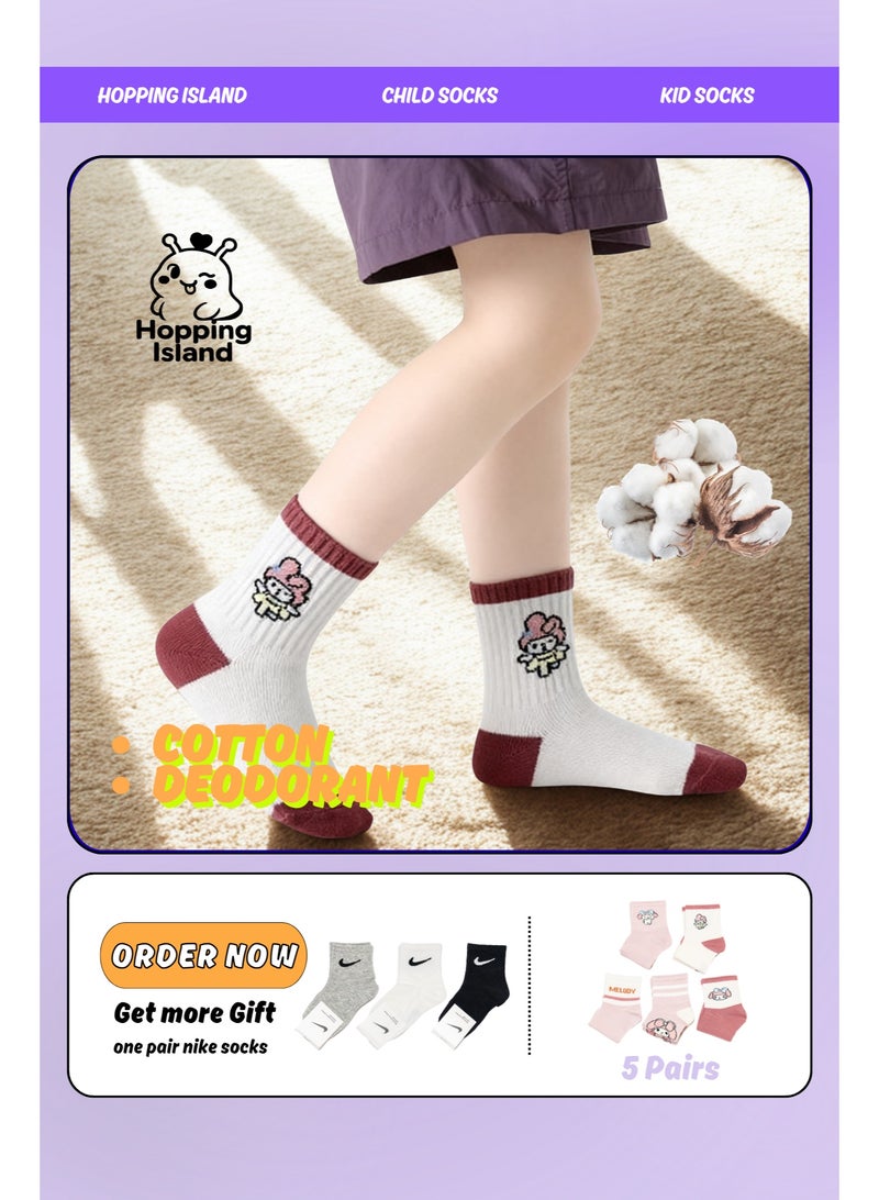Hopping Island Kids Socks 5Pairs Pink Melody Bunny Pattern Size M [HI] - Image 1