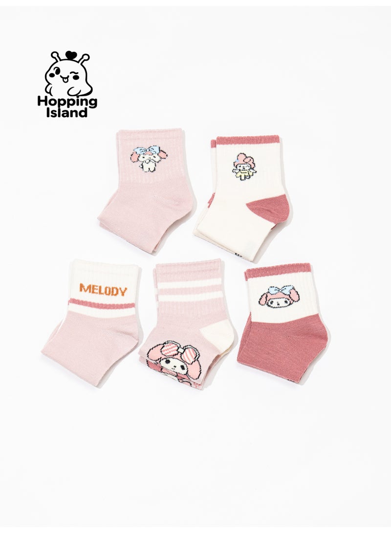 Hopping Island Kids Socks 5Pairs Pink Melody Bunny Pattern Size M [HI] - Image 4