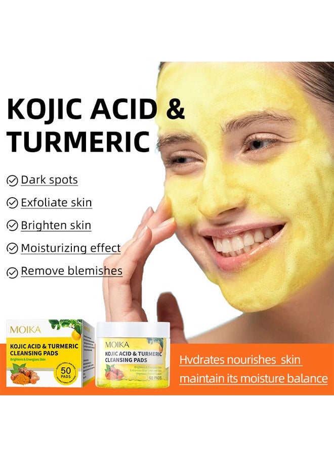 MOIKA - 50 Pcs Kojic Acid & Turmeric Cleansing Pads for Dark Spots Turmeric Kojic Acid Cleansing Pads Helps Balance Skin Oil & Water Fade Spot Remove Excess Keratin Clean Oil Refines Pores Kojic Acid Pads - Image 1