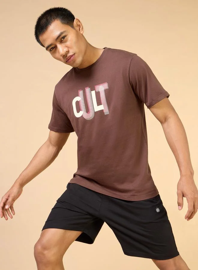Cult Men Brown Typography Print Short Sleeve T-Shirt