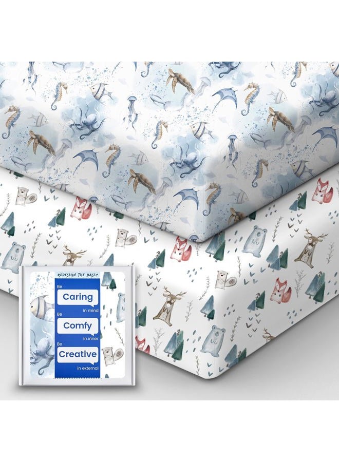 TotBasic Pack and Play Sheets Fitted, Ultra Soft Mini Crib Sheets Boy, Neutral Pack N Play Mattress Sheets Hypoallergenic and Soothing, Premium Jersey Playard Sheets, Safari Animals, 2 Pack - Image 1
