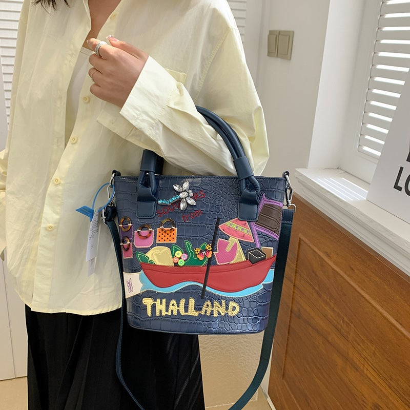 2023 New Crocodile Fashion Hand Embroidered Contrast Color Handbag High Texture Shoulder Bag Slung Bucket Bag - Image 4
