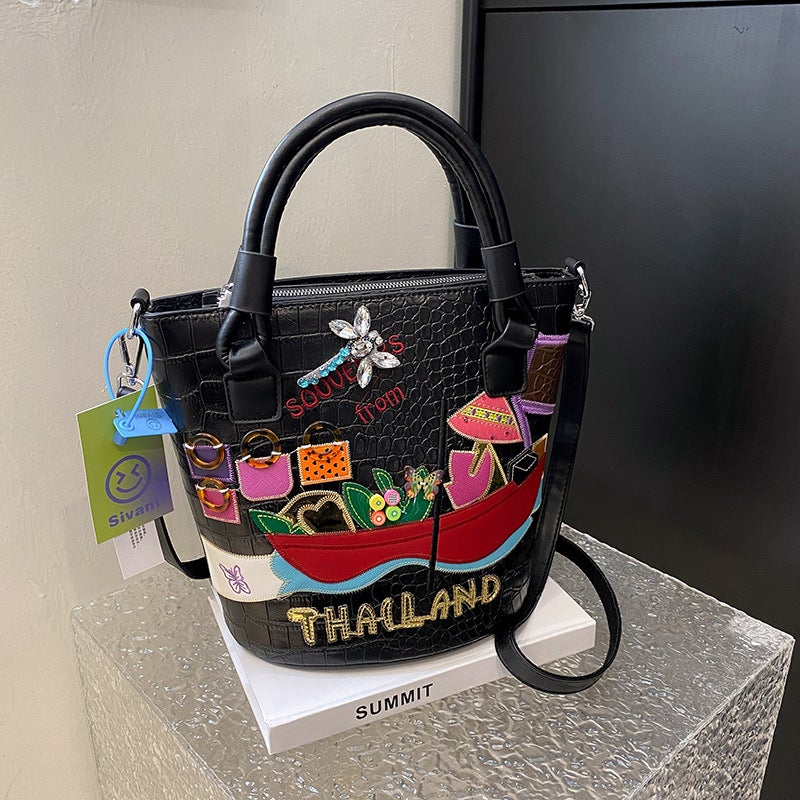 2023 New Crocodile Fashion Hand Embroidered Contrast Color Handbag High Texture Shoulder Bag Slung Bucket Bag - Image 5