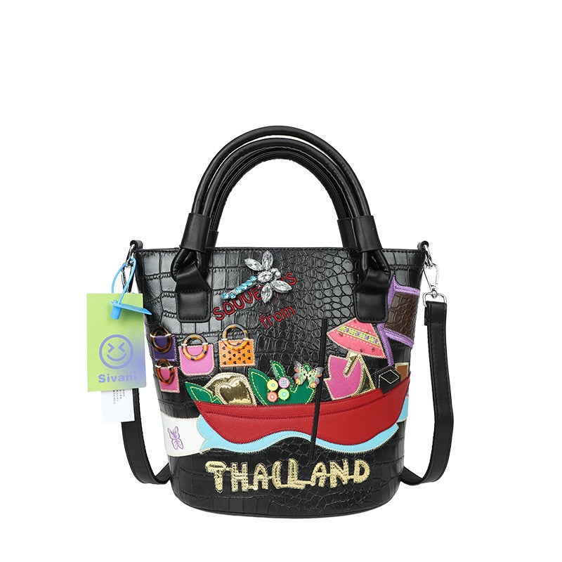 2023 New Crocodile Fashion Hand Embroidered Contrast Color Handbag High Texture Shoulder Bag Slung Bucket Bag - Image 1