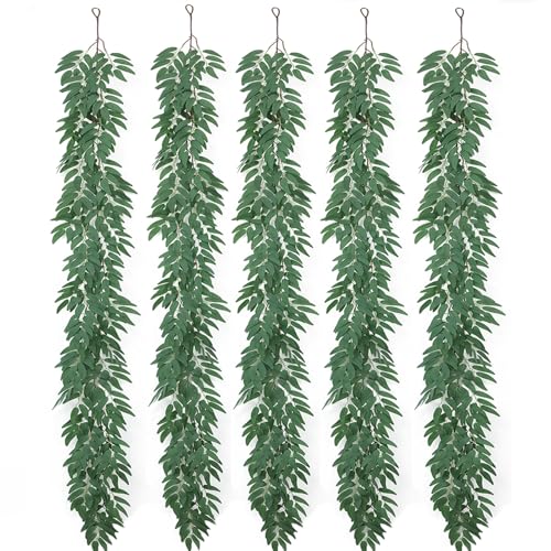 mizii 5 Packs 390" Artificial Vines Willows Garland Fake Vine Italian Ruscus Silk Green Leaves Faux Plants Greenery Decoration for Bedroom Room Wall Party Table Centerpieces Wedding Arch Decor - Image 1