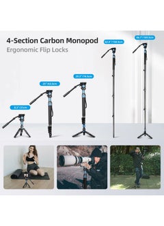 sirui SIRUI P-424FS 66.7" Carbon Fiber Camera Monopod with VH-10 Fluid Video Head, Professional Heavy Duty Monopod with Tripod Base, Flip Locks for DSLR Camera, Max Loading 6kg/13.2lbs  - Image 3