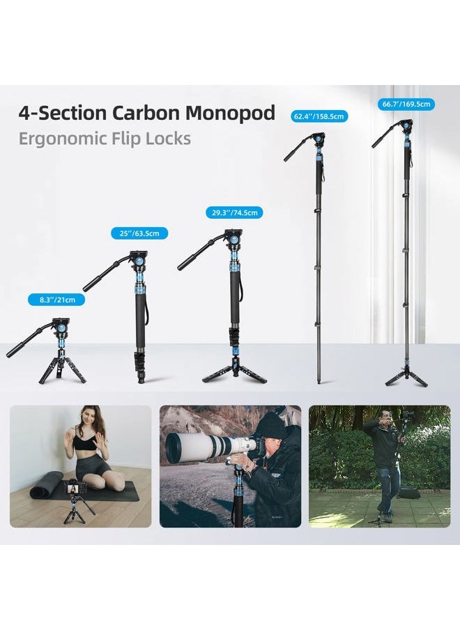sirui - SIRUI P-424FS 66.7" Carbon Fiber Camera Monopod with VH-10 Fluid Video Head, Professional Heavy Duty Monopod with Tripod Base, Flip Locks for DSLR Camera, Max Loading 6kg/13.2lbs - Image 1