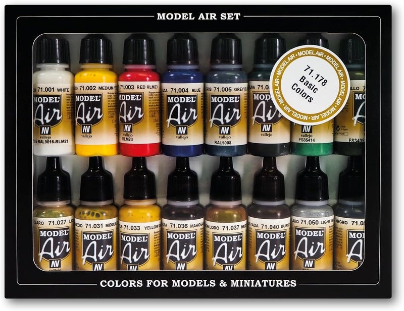 Vallejo Model Air Basic Colors Acrylic Paint Set for Air Brush - Assorted Colors (Pack of 16) - Image 1