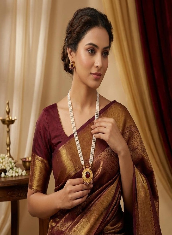 طقم عقد لؤلؤ تقليدي من AAIKU، سلسلة من 3 خطوط مع قلادة مطلية بالذهب العتيق، مجوهرات طويلة من الذهب واللؤلؤ الأبيض | مجوهرات صناعية للنساء والفتيات (أحمر، 32 بوصة) - Image 5