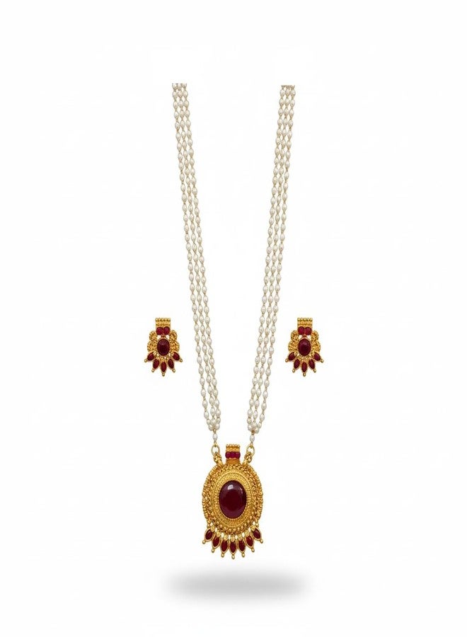 طقم عقد لؤلؤ تقليدي من AAIKU، سلسلة من 3 خطوط مع قلادة مطلية بالذهب العتيق، مجوهرات طويلة من الذهب واللؤلؤ الأبيض | مجوهرات صناعية للنساء والفتيات (أحمر، 32 بوصة) - Image 1