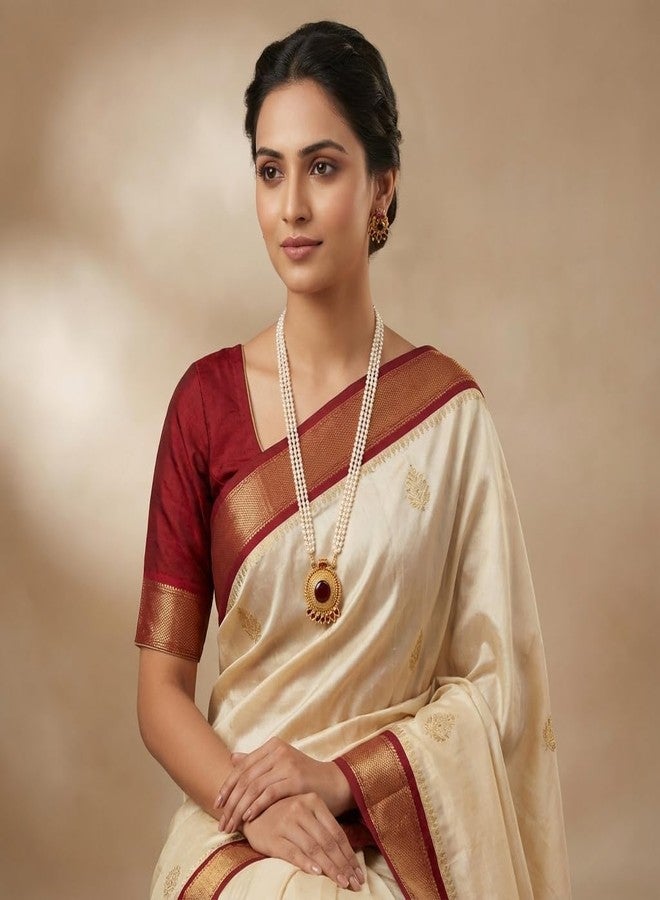 طقم عقد لؤلؤ تقليدي من AAIKU، سلسلة من 3 خطوط مع قلادة مطلية بالذهب العتيق، مجوهرات طويلة من الذهب واللؤلؤ الأبيض | مجوهرات صناعية للنساء والفتيات (أحمر، 32 بوصة) - Image 2