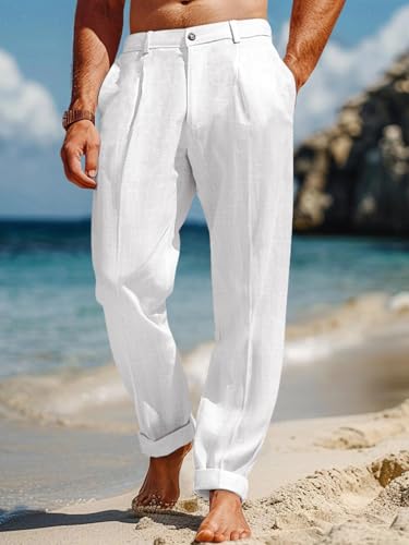 Runcati Mens Casual Linen Pants Elastic Waist Lightweight Loose Fit Pleated Slacks Summer Beach Yoga Trousers White - Image 2
