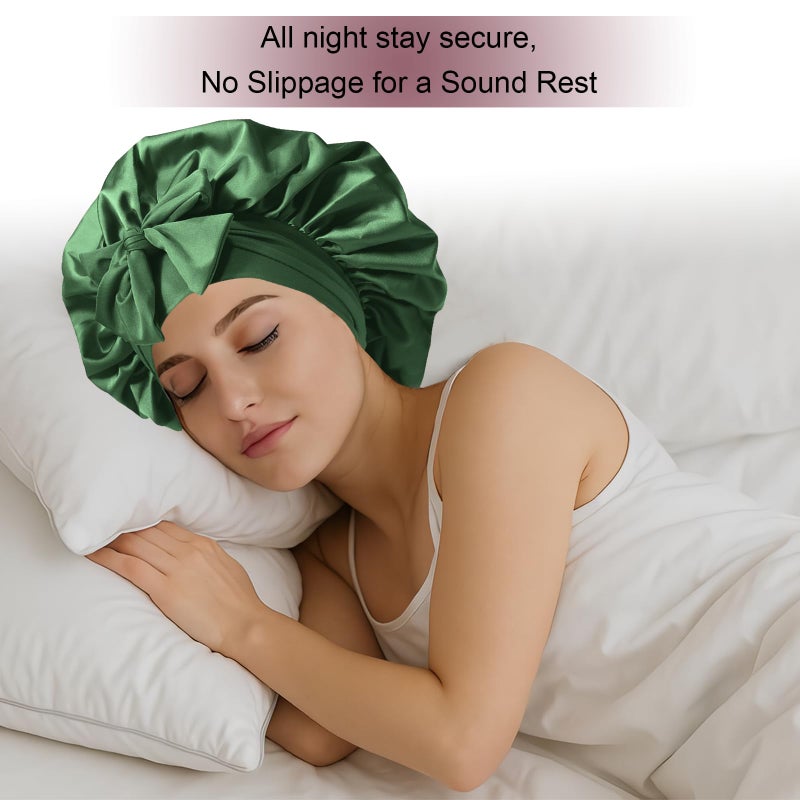 Confvrter Silk Bonnet for Women, Satin Bonnet for Sleeping, Large Sleep Cap with Elastic Tie Band for Curly Hair, Green - Image 2