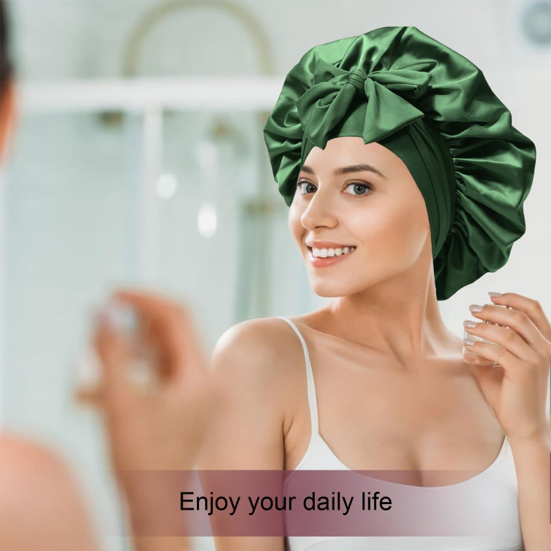 Confvrter Silk Bonnet for Women, Satin Bonnet for Sleeping, Large Sleep Cap with Elastic Tie Band for Curly Hair, Green - Image 5