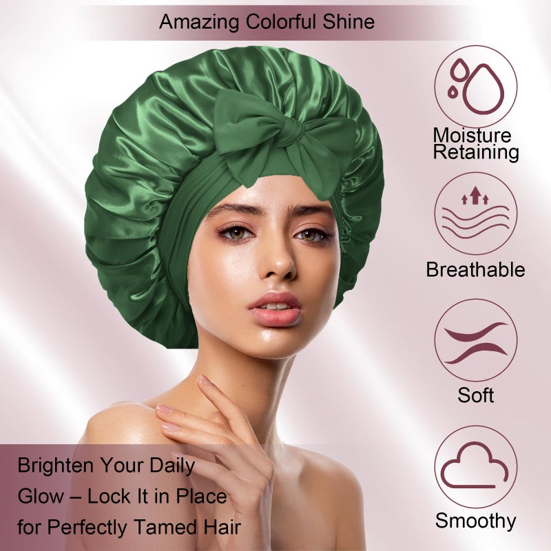 Confvrter Silk Bonnet for Women, Satin Bonnet for Sleeping, Large Sleep Cap with Elastic Tie Band for Curly Hair, Green - Image 4