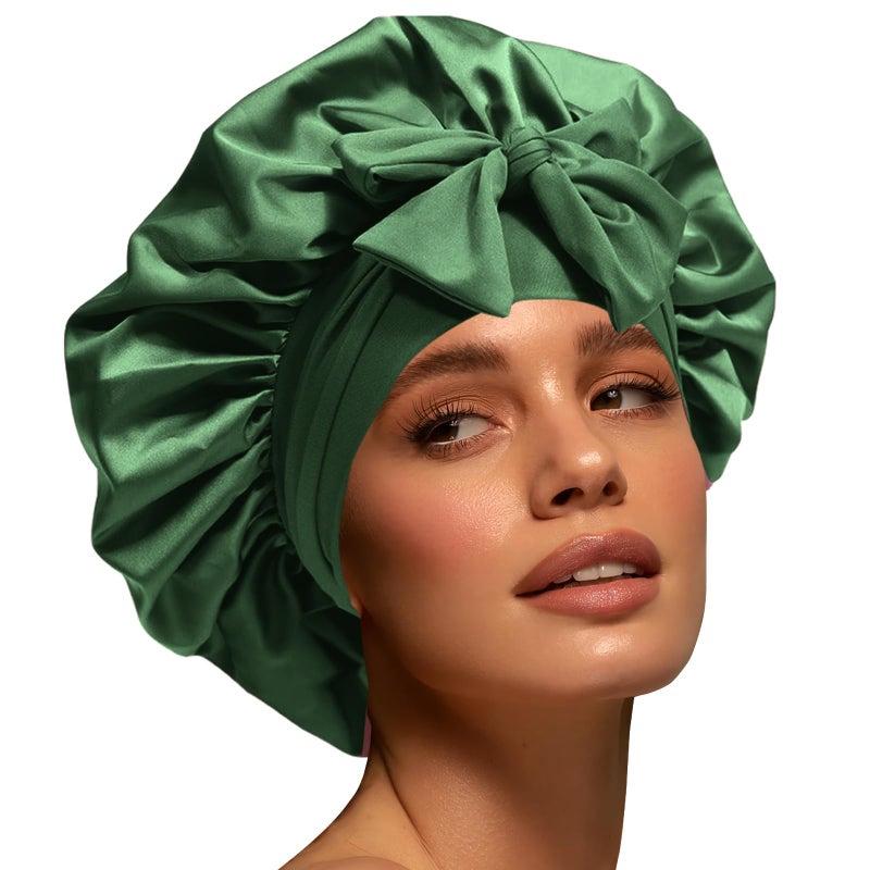 Confvrter Silk Bonnet for Women, Satin Bonnet for Sleeping, Large Sleep Cap with Elastic Tie Band for Curly Hair, Green - Image 1