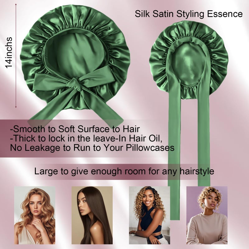 Confvrter Silk Bonnet for Women, Satin Bonnet for Sleeping, Large Sleep Cap with Elastic Tie Band for Curly Hair, Green - Image 3