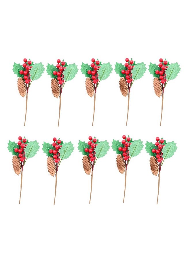 Dophee - dophee 10Pcs Artificial Berry Branch Red Berry Green Leaves with Pinecone for Christmas Tree DIY Crafts Holiday Home Kitchen Wedding Decorations Floral Arrangement Table - Image 1