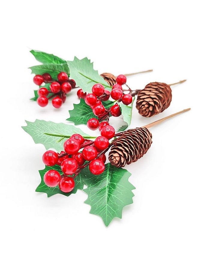 Dophee - dophee 10Pcs Artificial Berry Branch Red Berry Green Leaves with Pinecone for Christmas Tree DIY Crafts Holiday Home Kitchen Wedding Decorations Floral Arrangement Table - Image 1