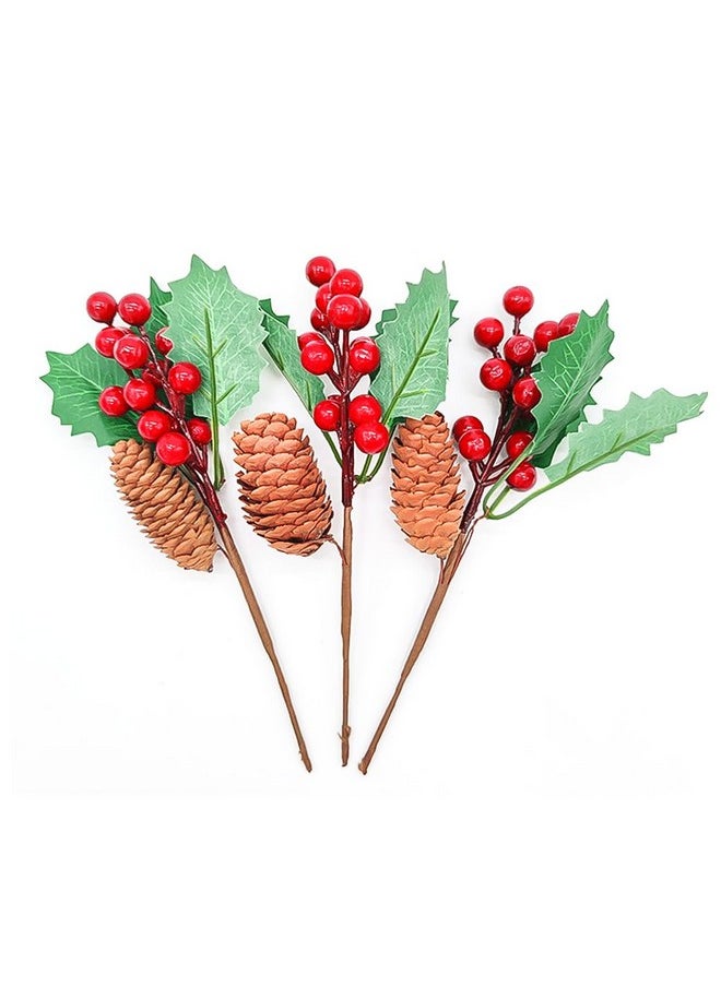 Dophee - dophee 10Pcs Artificial Berry Branch Red Berry Green Leaves with Pinecone for Christmas Tree DIY Crafts Holiday Home Kitchen Wedding Decorations Floral Arrangement Table - Image 1