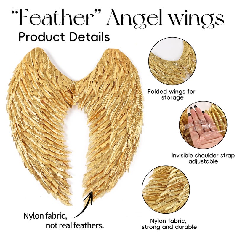 whitefeather Angel Wings Costume Accessories - Realistic Wings for Adults, Lightweight Adjustable Fairy Wings for Halloween (gold, 1.8ft) - Image 3