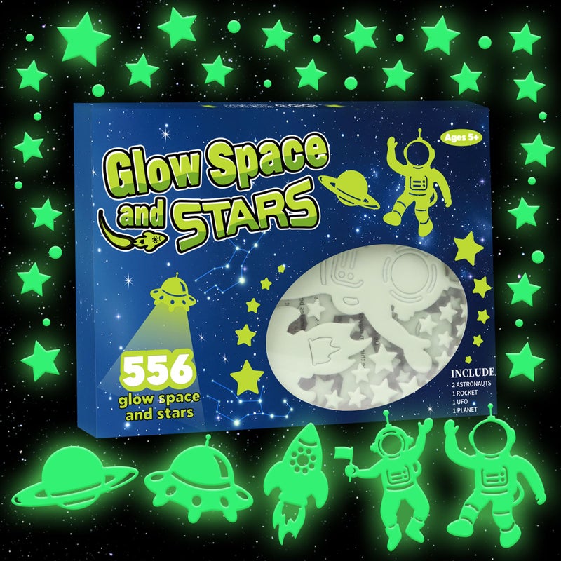 Neasyth 556PCS Glow in The Dark Stars for Ceiling, 3D Glow in The Dark Space Galaxy Stickers Astronaut Rocket Planet Dots Stars for Kids Room Wall Decals Ceiling Decorations Party Birthday Gift (Green) - Image 1