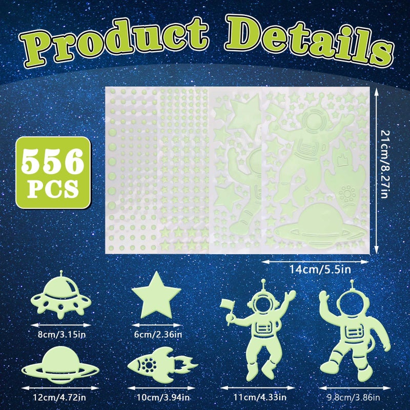 Neasyth 556PCS Glow in The Dark Stars for Ceiling, 3D Glow in The Dark Space Galaxy Stickers Astronaut Rocket Planet Dots Stars for Kids Room Wall Decals Ceiling Decorations Party Birthday Gift (Green) - Image 2