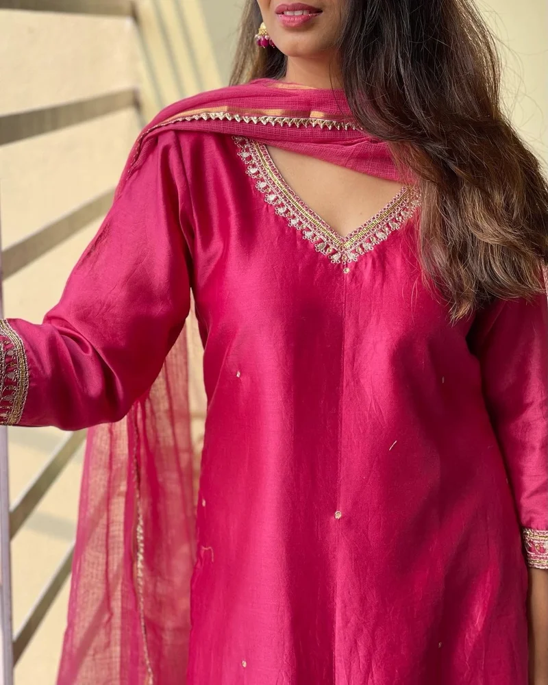 GoSriKi Pink GoSriKi Women's Cotton Blend Kurta with Pant & Dupatta (BAGICHA-Rani-GS_Pink_XXXX-Large) for Women | Best Price UAE