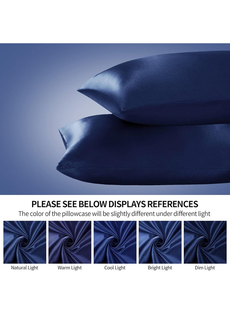 VITION غطاء وسادة من حرير الساتان للشعر والبشرة، ناعم وقابل للتنفس، غطاء وسادة حرير مزدوج الجوانب (ملكة - 50 × 75 سم - 2 قطعة - أزرق داكن) - Image 2