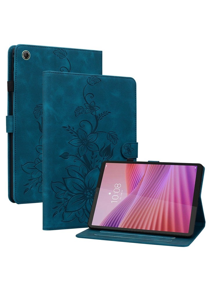 جراب Lenovo Tab K9 من الجلد مع فتحات للبطاقات وطبعة زهرة الزنبق لجهاز الكمبيوتر اللوحي - أزرق - Image 1