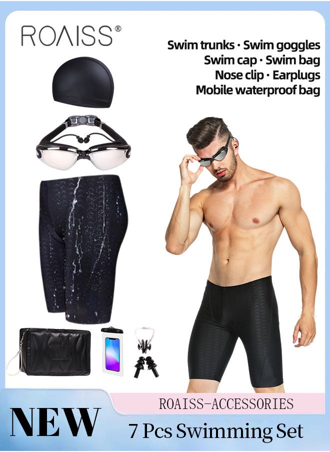 roaiss 7 Pcs Men's Swimming Goggle Set, HD Waterproof Goggle, Outdoor Beach Swimming Gear with Swimming Trunk, Swimming Goggle, Swimming Cap, Swimming Bag, Nose Clip, Earplugs, Mobile Waterproof Bag  - Image 1