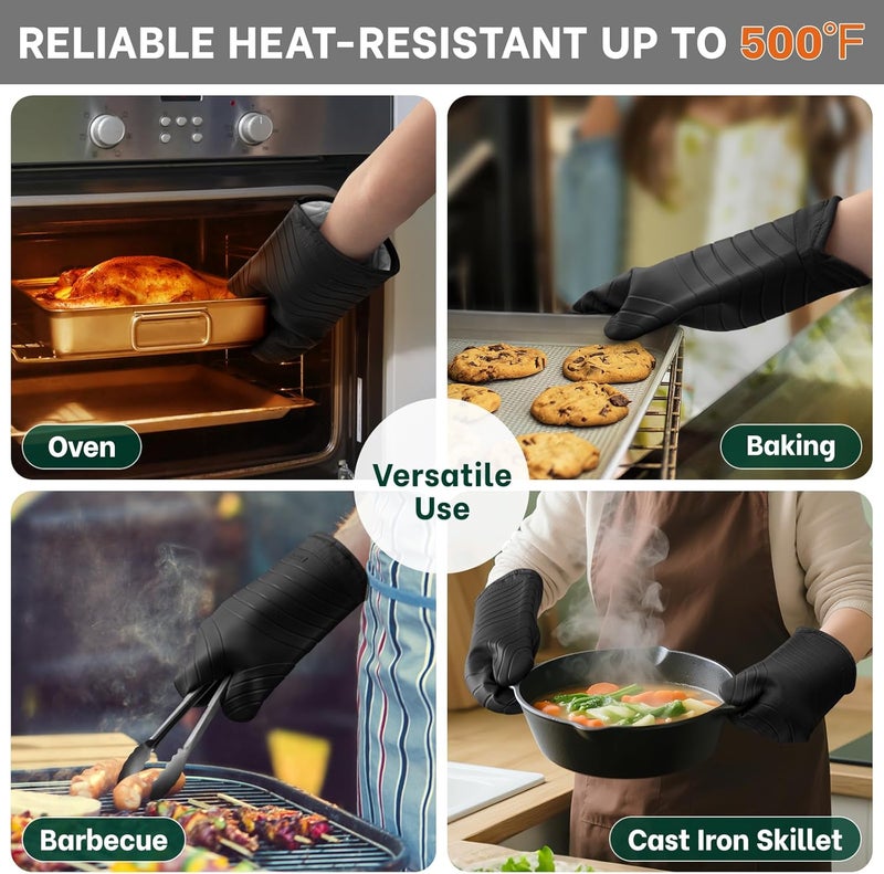 Beneno Heat Resistant Silicone Oven Mitts BPA-Free, Non-Slip Textured Grip & Quilted Cotton Lining, Waterproof Kitchen Mitt 2-Pack Set, 7"x13", Black - Image 4