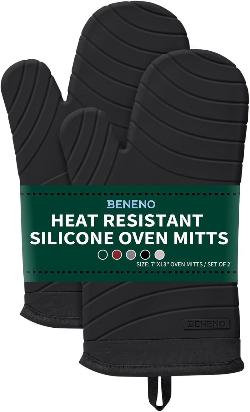 Beneno Heat Resistant Silicone Oven Mitts BPA-Free, Non-Slip Textured Grip & Quilted Cotton Lining, Waterproof Kitchen Mitt 2-Pack Set, 7"x13", Black - Image 1