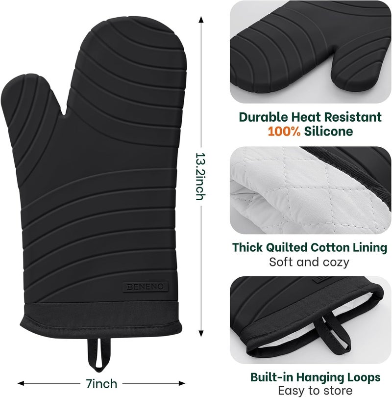 Beneno Heat Resistant Silicone Oven Mitts BPA-Free, Non-Slip Textured Grip & Quilted Cotton Lining, Waterproof Kitchen Mitt 2-Pack Set, 7"x13", Black - Image 2