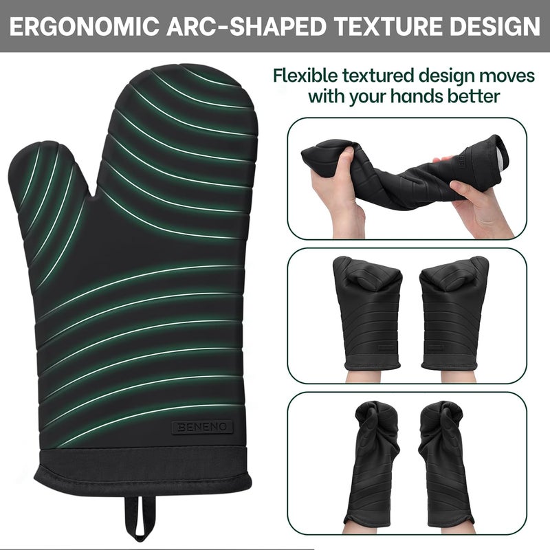 Beneno Heat Resistant Silicone Oven Mitts BPA-Free, Non-Slip Textured Grip & Quilted Cotton Lining, Waterproof Kitchen Mitt 2-Pack Set, 7"x13", Black - Image 3