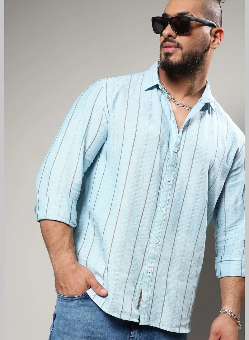 Instafab Plus Striped Spread Collar Long Sleeve Shirt