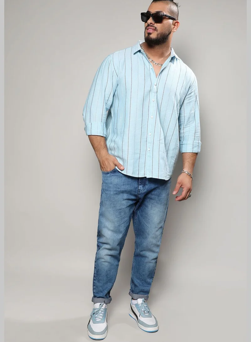 Instafab Plus Striped Spread Collar Long Sleeve Shirt