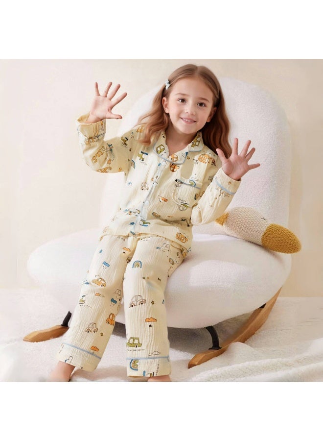 Children's Pajamas Boys Spring and Autumn Cotton Gauze Thin Girls' Children's Long-sleeved Set Baby Air-conditioned Loungewear - Image 1