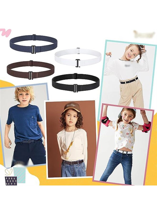 4 PCS White + black + dark blue + brown,Kids Toddler Belt Elastic Stretch Adjustable Belt for Boys and Girls with Silver Square Buckle  - Image 4