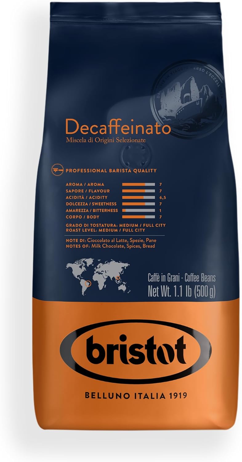Bristot Decaf Italian Coffee Beans – Medium Roast Whole Espresso Beans – Smooth & Rich Flavor – 1.1 lb (500g) Bag – Roasted in Italy - Image 1