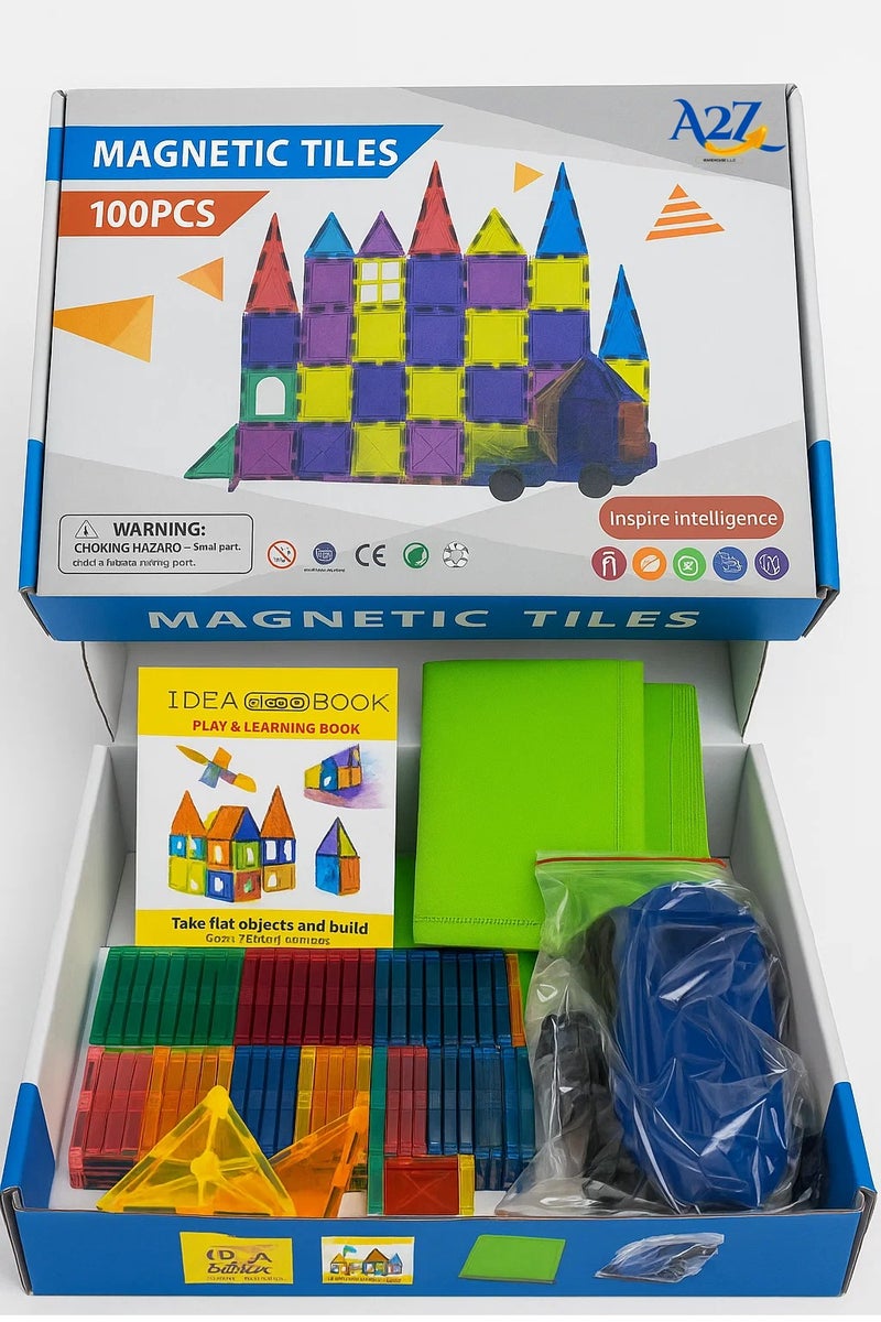 A2Z Magnetic Building Tiles  High quality  for Kids – 100 Pcs – Educational Colorful toy Set with Cars & Geometric Shapes - Image 1