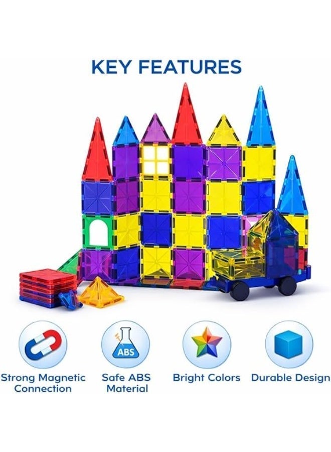 Magnetic Building Tiles  High quality  for Kids – 100 Pcs – Educational Colorful toy Set with Cars & Geometric Shapes - Image 2