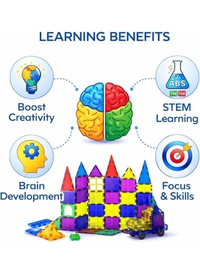 Magnetic Building Tiles  High quality  for Kids – 100 Pcs – Educational Colorful toy Set with Cars & Geometric Shapes - Image 3