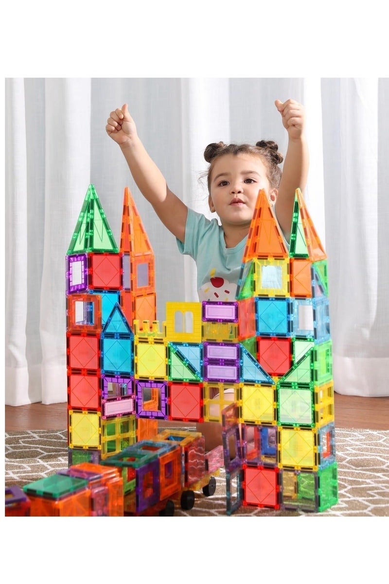 Magnetic Building Tiles  High quality  for Kids – 100 Pcs – Educational Colorful toy Set with Cars & Geometric Shapes - Image 4