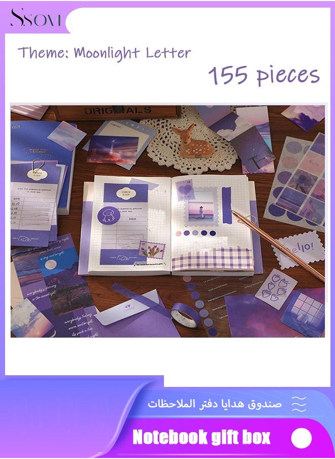Ssovi 155-piece Gift Box A6 Notebook Poster cover Notepad Background Paper Daily Sticker PET Sticker Paper Photo Frame Card Grace Gift（Purple）  - Image 1