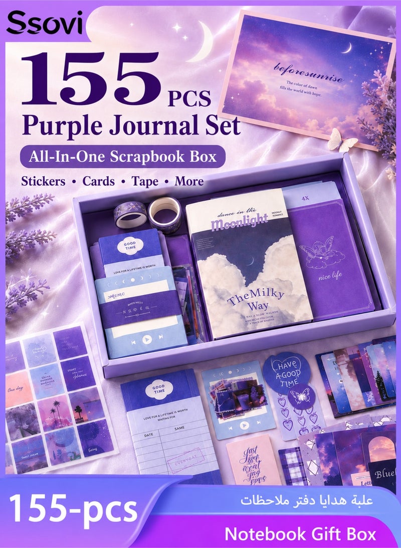 Ssovi 155-piece Gift Box A6 Notebook Poster cover Notepad Background Paper Daily Sticker PET Sticker Paper Photo Frame Card Grace Gift（Purple） - Image 1