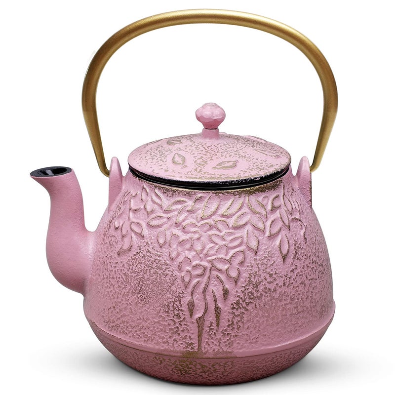 TOPTIER Japanese Cast Iron Teapot with Infuser, Stovetop Safe, Leaf Design Tea Kettle, Enameled Interior, 32 Ounce (950 ml), Blush Pink - Image 1