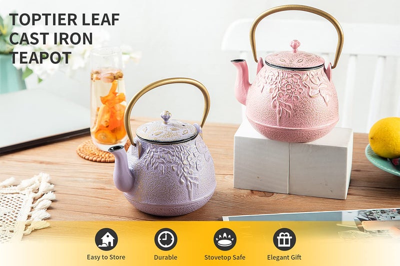 TOPTIER Japanese Cast Iron Teapot with Infuser, Stovetop Safe, Leaf Design Tea Kettle, Enameled Interior, 32 Ounce (950 ml), Blush Pink - Image 2