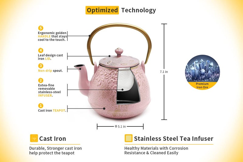 TOPTIER Japanese Cast Iron Teapot with Infuser, Stovetop Safe, Leaf Design Tea Kettle, Enameled Interior, 32 Ounce (950 ml), Blush Pink - Image 3