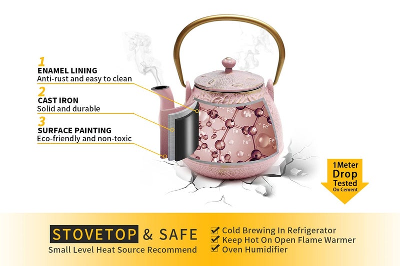 TOPTIER Japanese Cast Iron Teapot with Infuser, Stovetop Safe, Leaf Design Tea Kettle, Enameled Interior, 32 Ounce (950 ml), Blush Pink - Image 4
